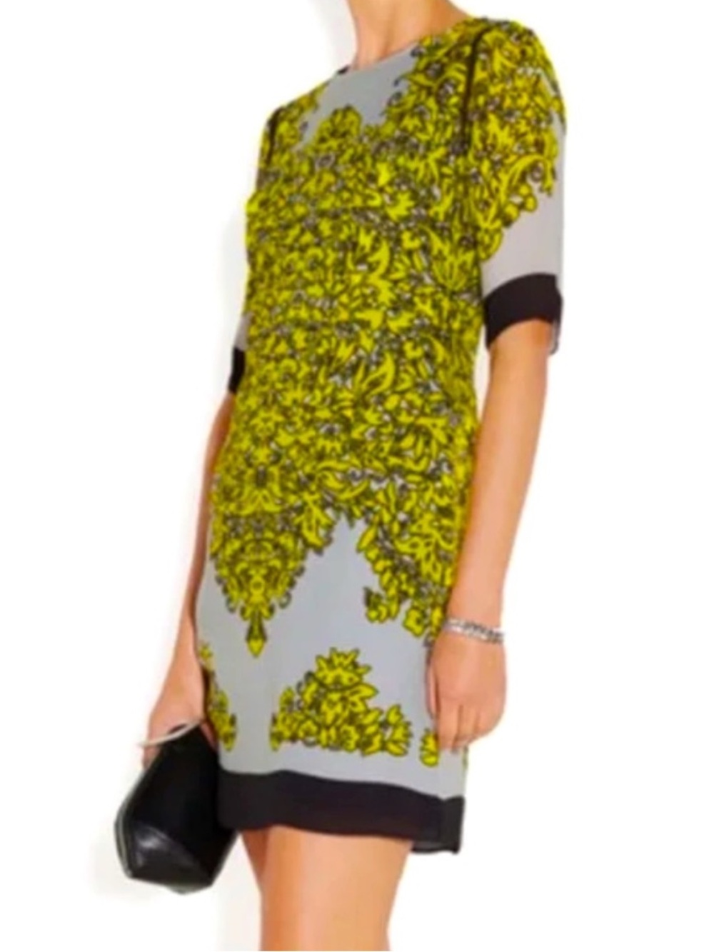 Milly of New York Silk Size0 Grey/Black/Chartreuse Good Condition Dress